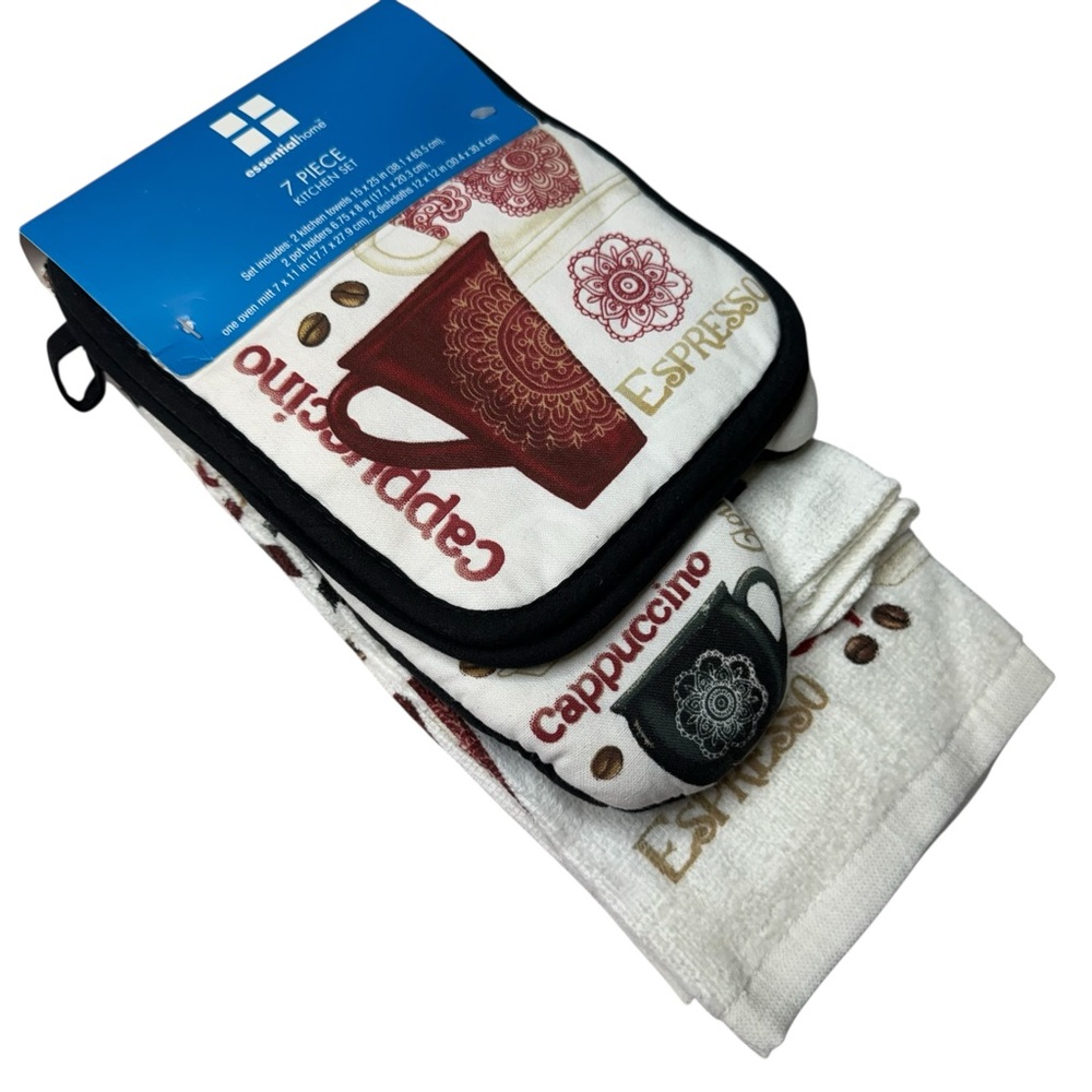 Home Essentials Coffee Cafe 7-Piece Coffee Themed Kitchen Towel & Pot Holder Set